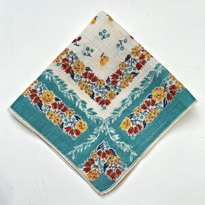 Linen Floral Border Handkerchief Blue Yellow Red Cottage Core Granny Vintage